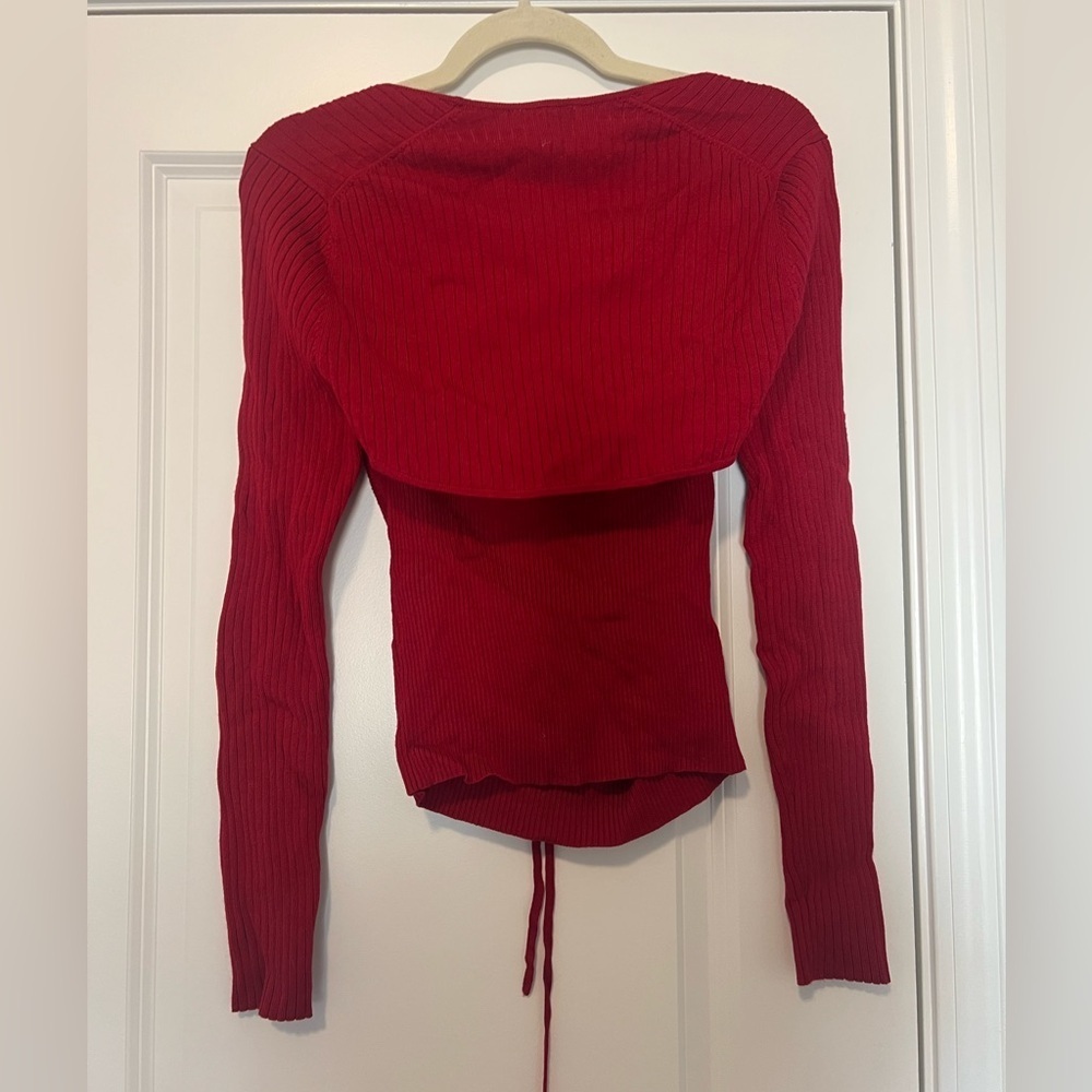 Anthropologie Maeve Bow Front Cutout Ribbed Top Red Long Sleeve - Picture 5 of 8